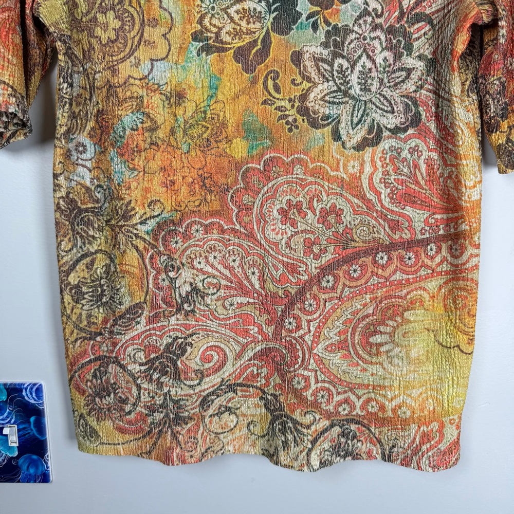 Coldwater Creek Orange Yellow Paisley Print Short Sleeve Top Boho Hippie Medium - Picture 2 of 7